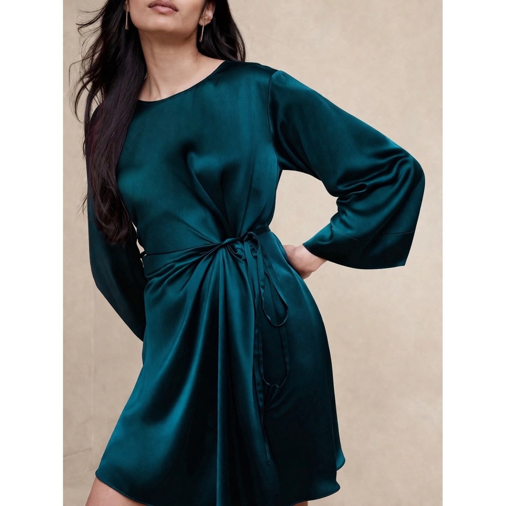 Banana Republic Treccia Satin Mini Dress Size XXS Petite Teal Tie Waist Cocktail - Picture 3 of 16